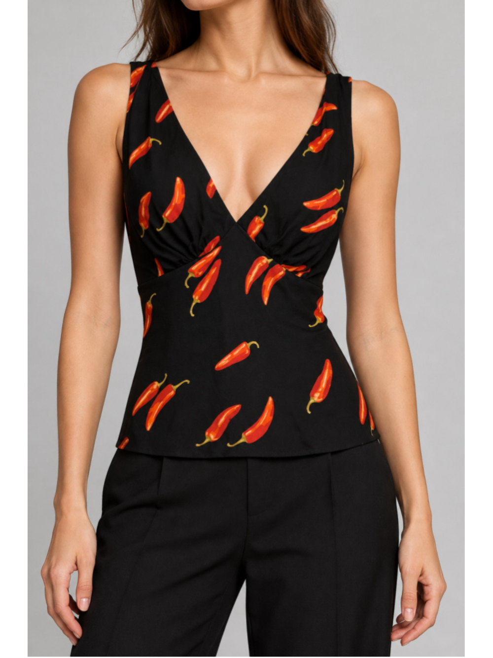 Reformation Ryan One Piece Black Red Chili Pepper Print V-Neck Sleeveless Sz 12